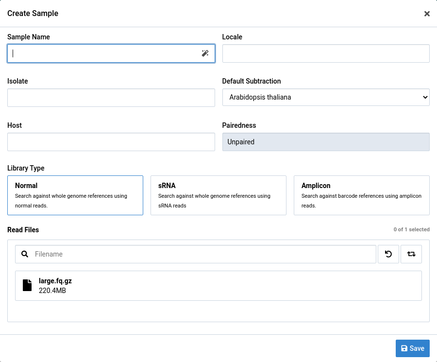 Sample creation dialog