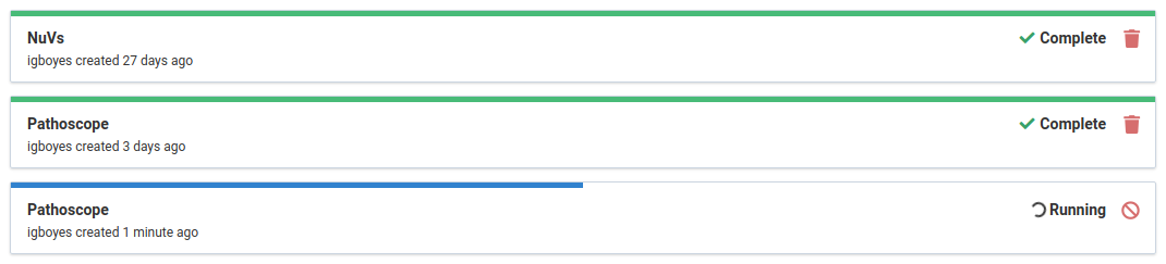 Finished and running analysis jobs