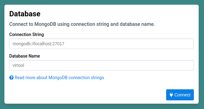 MongoDB setup dialog with default placeholder parameters