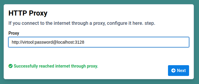 Proxy configuration dialog with successful connection