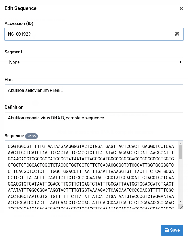 Sequence edit dialog for NC_001929