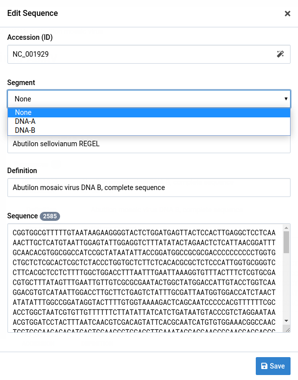 Sequence edit dialog with Segment dropdown